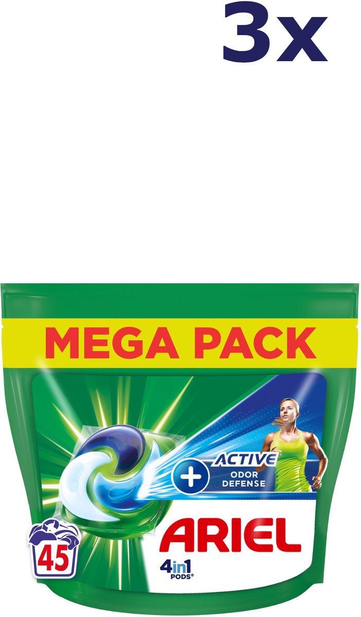 Ariel 4in1 Wasmiddel Pods +Active Odor Defense - Vleugje Ambi Pur - 3x45 Capsules